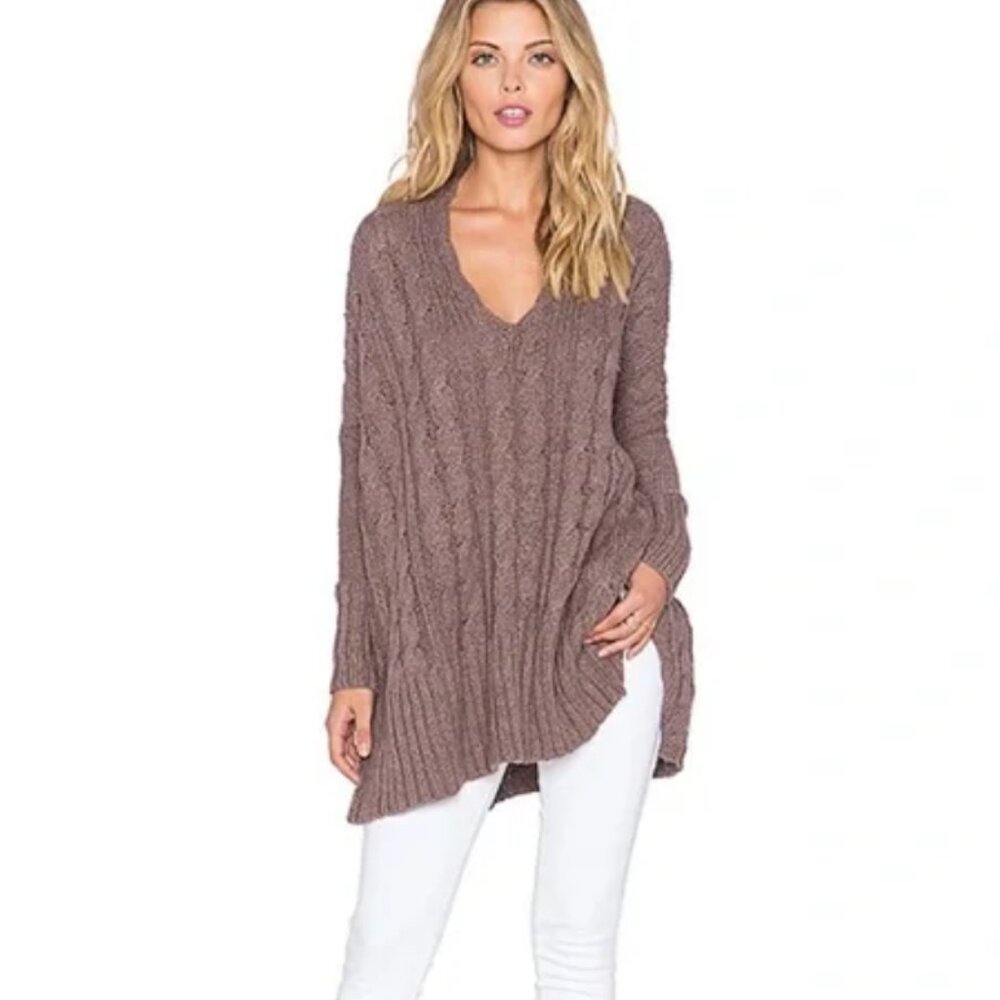 Free People Easy V Oversized Knit Sweater in Mushroom